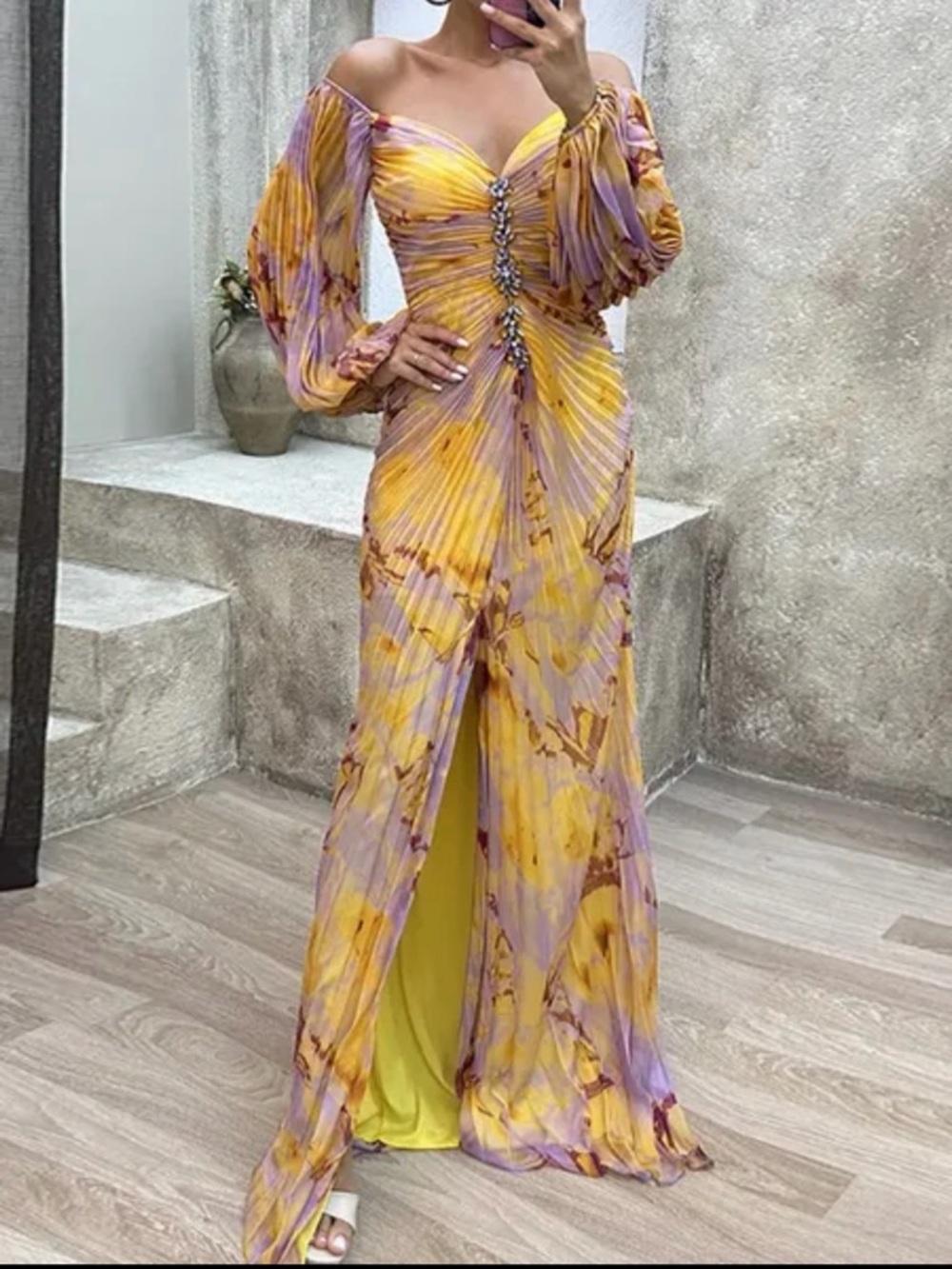 Celina The Label Pleated Maxi Dress Yellow Purple Off Shoulder Slit Small